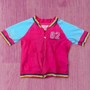 y2k pink crush scene hot pink and rainbow short sleeve zip up size XL